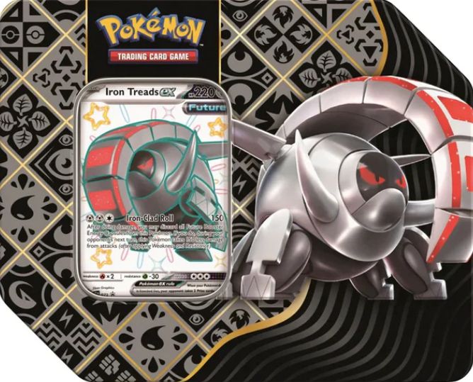 Pokemon Paldean Fates: Tera Glurak ex / Eisenrad  Treads ex / Riesenzahn ex Tin (US-Version) (EN)